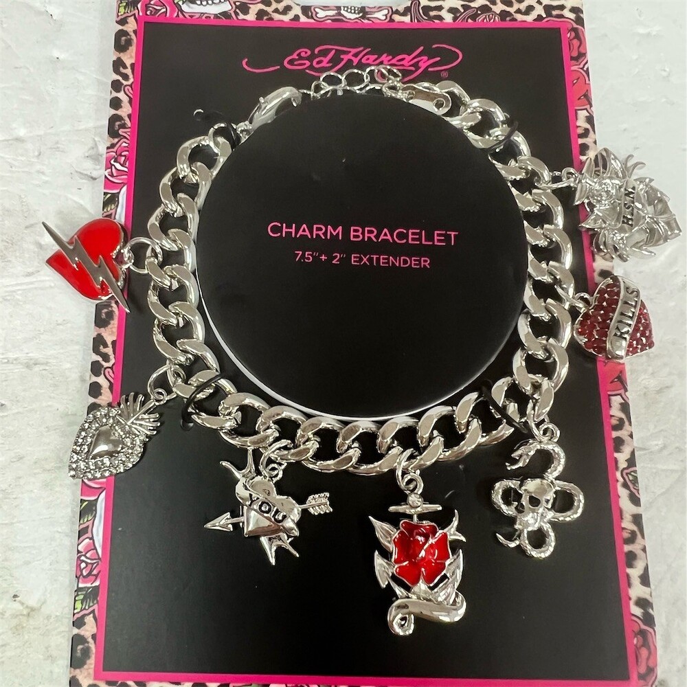 Ed Hardy Charm Bracelet Silver Chunky Dangle Heart Rose Skull 7.5 + 2 in